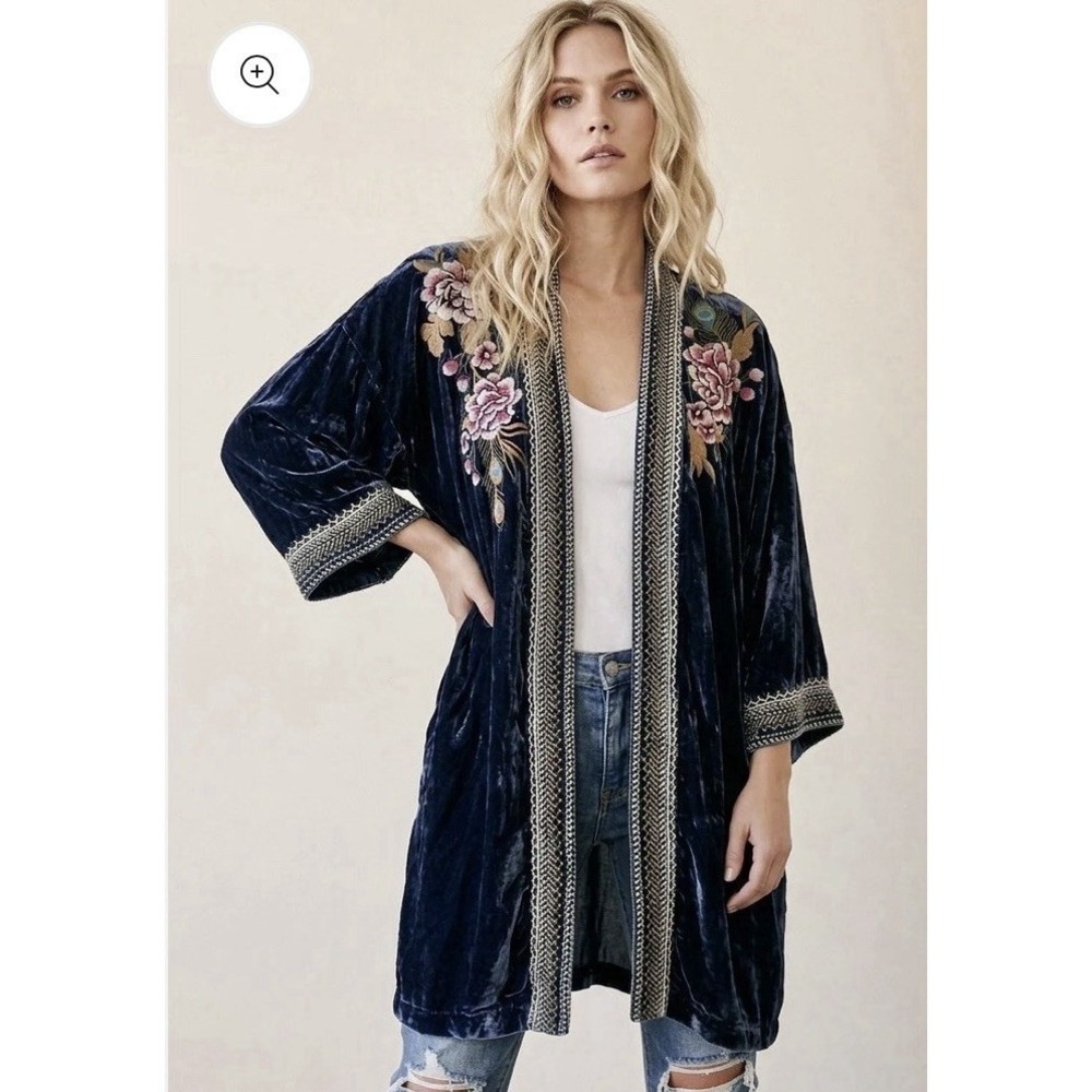 Johnny Was Quito Velvet Silk Navy Blue Kimono Duster Peacock Embroidered Sz S - Picture 2 of 16